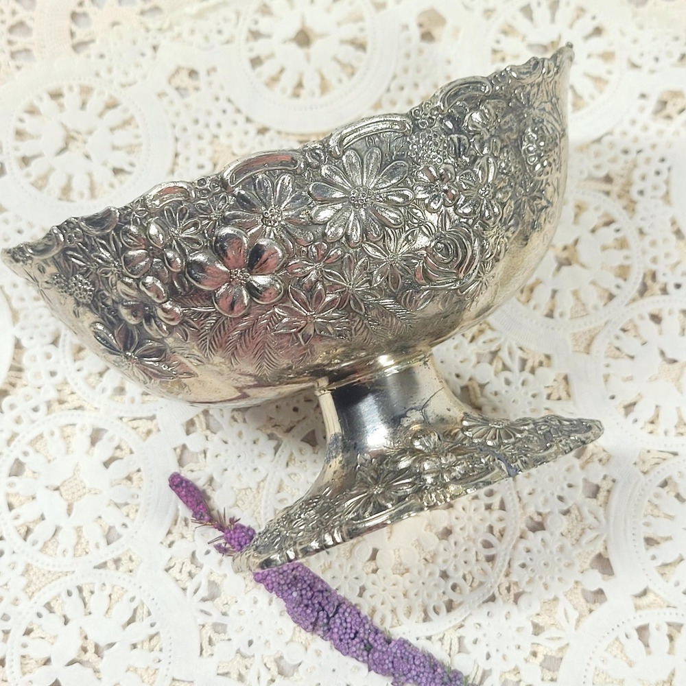 Vintage Floral Repoussé Footed Silver Plated Compote Bowl Vanity Decor